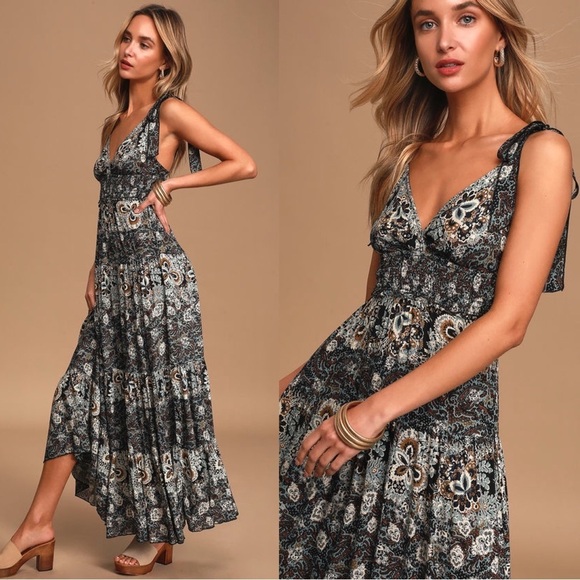 Free People • Let's Smock About It Maxi Slip dress black floral print tiered - Picture 12 of 15